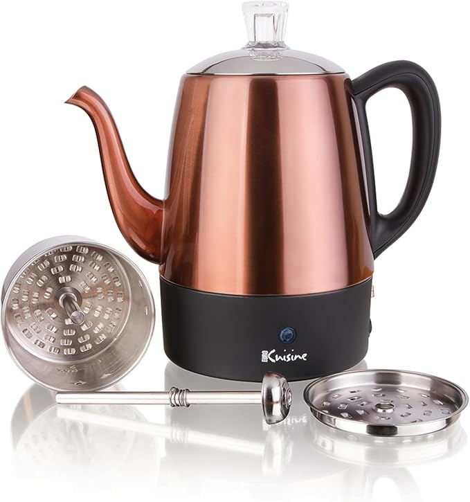 Euro Cuisine PER04 Stainless Steel Electric Coffee Percolator 4 Cup Polished Copper Finish Dripless Gooseneck Spout Clear Glass Knob Brewing Indication Keep-Warm Function Detachable Cord