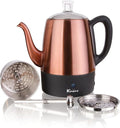 Euro Cuisine PER04 Stainless Steel Electric Coffee Percolator 4 Cup Polished Copper Finish Dripless Gooseneck Spout Clear Glass Knob Brewing Indication Keep-Warm Function Detachable Cord