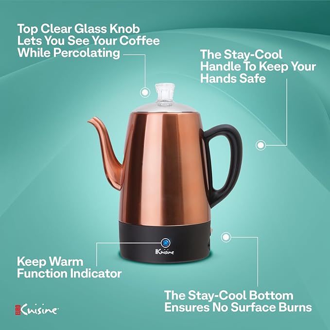 Euro Cuisine PER08 Stainless Steel Electric Coffee Percolator 8 Cup Polished Copper Finish Dripless Gooseneck Spout Clear Glass Knob Brewing Indication Keep-Warm Function Detachable Cord