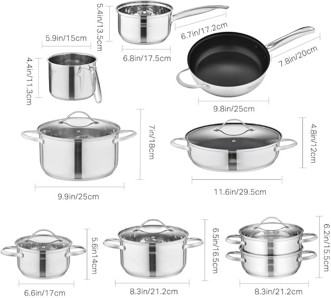 Cooking Pot Frying PanCookware Set Stainless Steel 14-Piece Pan Set Saucepan Non Stick Fry Pan with Glass Lid vision