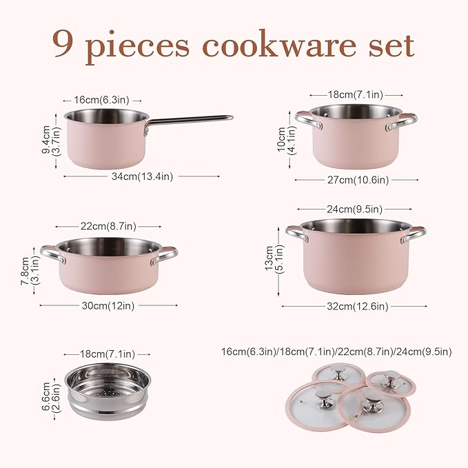 9pcs Stainless Steel Cookware Set for Family Kitchen 304 Grade Ceramic Coated Exterior Induction Compatible Pots and Pans with Glass Lids Non-Toxic &amp Easy to CleanPink