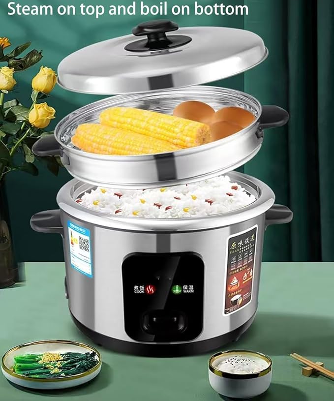The rice cooker adopts a stainless steel inner pot and steamer and is a multifunctional steaming and stewing machine. It is an essential small appliance for dormitory/office/home kitchens (5L)