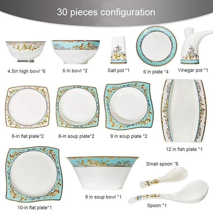 Ceramics Dinnerware Set with 30-PieceBowl/Dish/Spoon|Bone China Dinner SetsKunlun Type Porcelain Combination SetAA