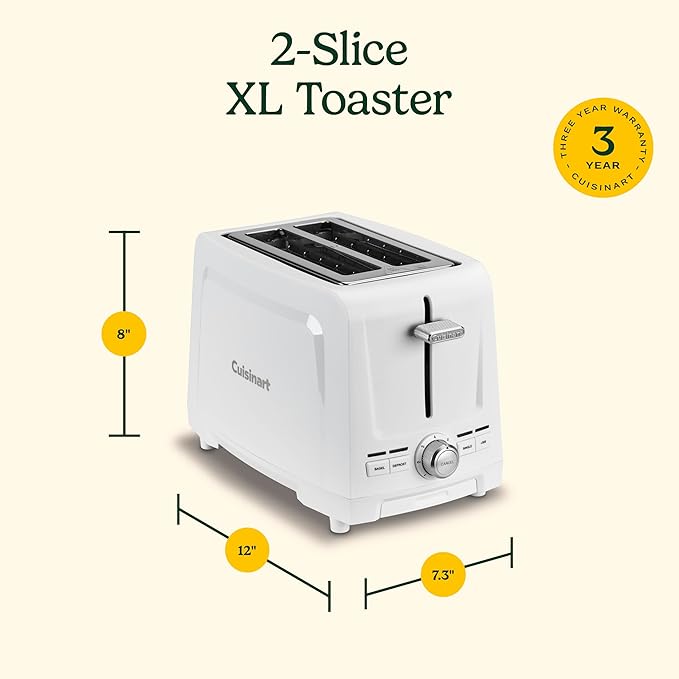 Cuisinart Core Collection 2-Slice Toaster | Extra-Long Slots for Artisan Bread Bagel | High-Lift Quickview™ | Single Slice &amp Defrost Function | +30sec Toast Boost | Removable Crumb Tray White