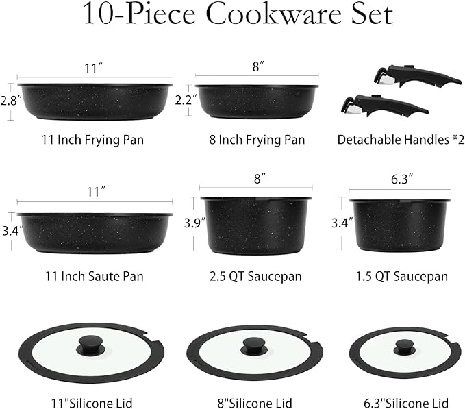 ESLITE LIFE Nonstick Cookware Sets with Detachable HandleCeramic Coating Pots and Pans Set Kitchen Cooking Set Compatible with All Stovetops PTFE &amp PFOA Free Black 10 Pcs Set