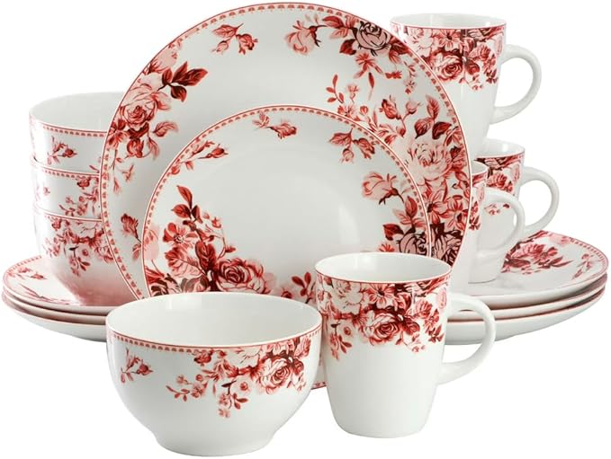 Traditional Red Rose 16 Piece Stoneware Dinnerware Set (Red)