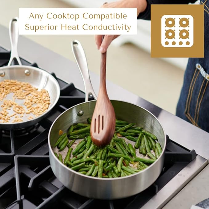 American Kitchen - Stainless Steel Cookware Set - 3 Pan Set with 2 Covers (5 Pieces) includes 8-inch Nonstick Fry Pan 10-inch Saute Pan 2-quart Saucepan Perfect for Small Kitchens Made In America