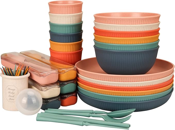 66 Pcs Dinnerware Sets Unbreakable Plates and Bowls Sets Reusable Dinnerware Sets for 6 People Travel Camping Picnic Home Party Cutlery Set Dishwasher Microwave Safe Dishes
