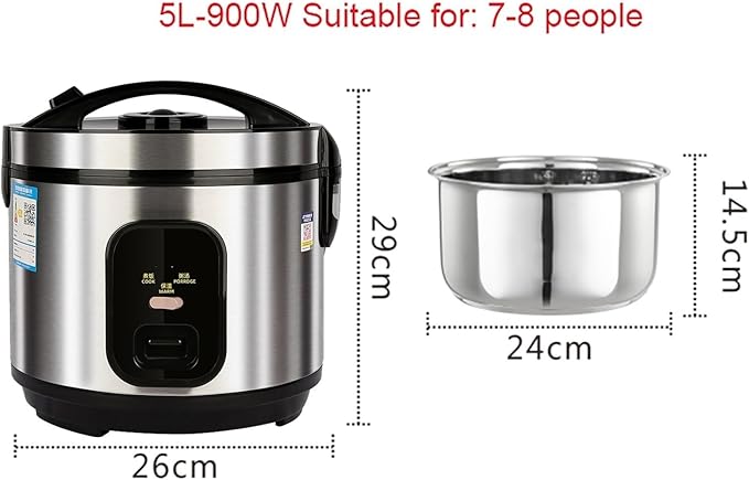 Rice Cooker (2-5L) 304 Stainless Steel Inner Pot Intelligent Insulation Make Rice &amp Steam Food &amp Vegetables 220-240V US/EU Power(5L)