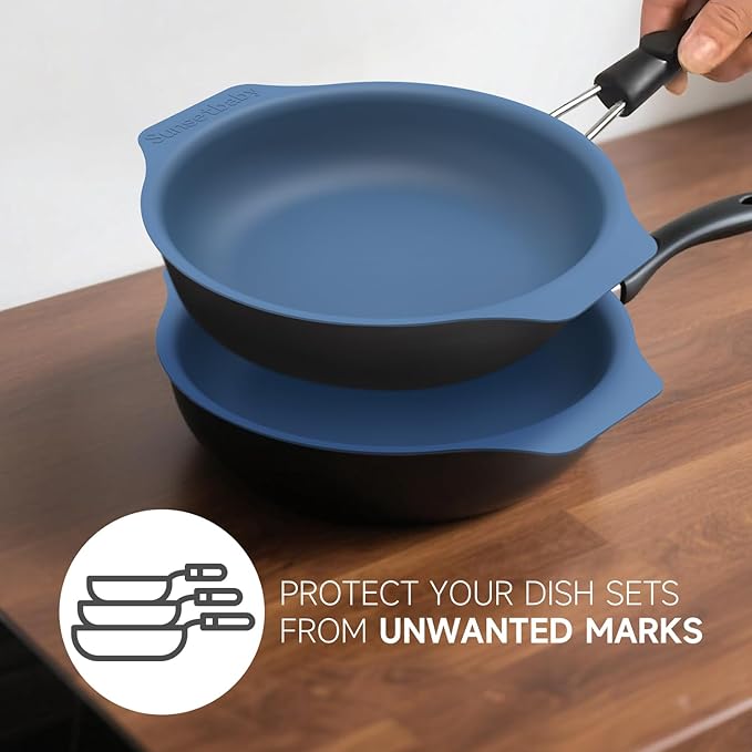 Silicone Pan Protectors for 12-Inch Frying Pans - Non-Slip Stacking Guards BPA-Free &amp Dishwasher Safe | Protect Cookware from Scratches (Blue 2 Pack)