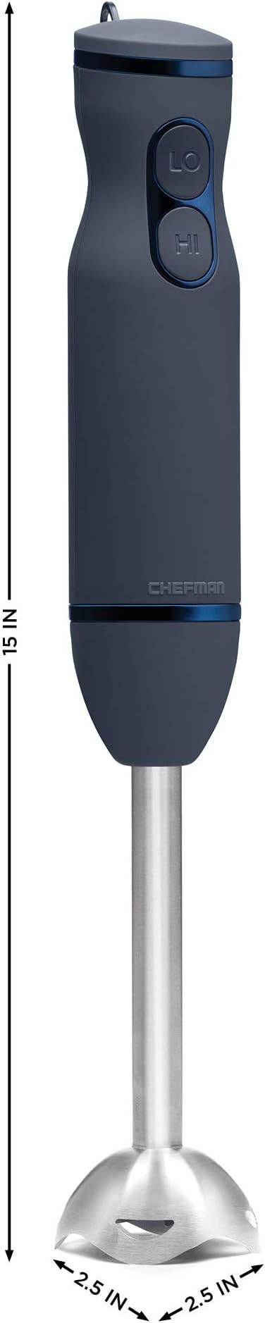 Chefman Immersion Stick Hand Blender with Stainless Steel Blades Powerful Electric Ice Crushing 2-Speed Control Handheld Food Mixer Purees Smoothies Shakes Sauces &amp Soups Midnight Blue