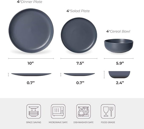 12-Piece Stoneware Dinnerware Set for 4 10 Plates &amp 7.5 Salad Plates &amp 5.9 Bowls Microwave &amp Dishwasher Safe Stackable Matte Glaze Kitchenware Chip &amp Scratch Resistant(Blue)