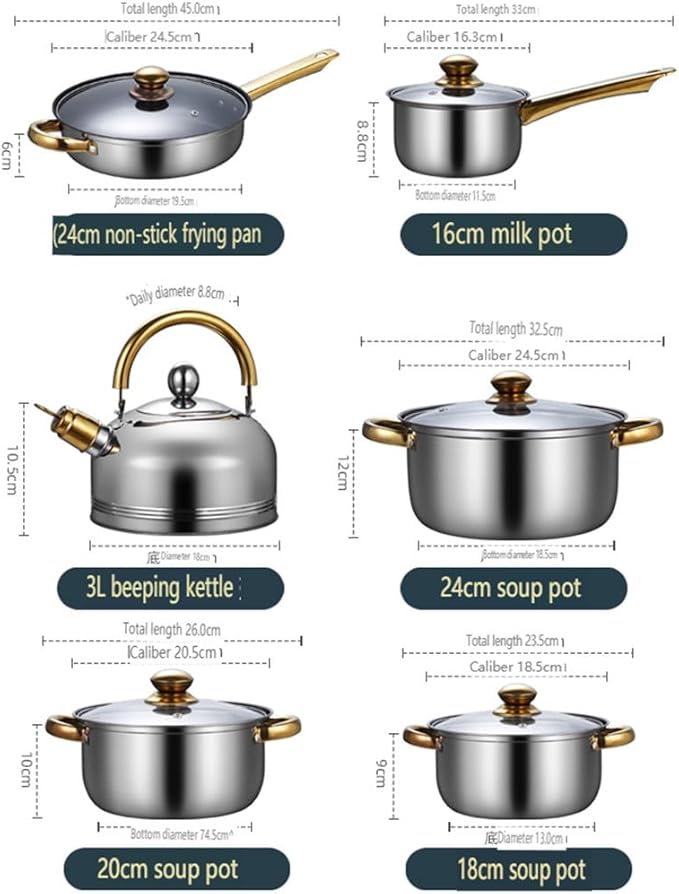 12 Pieces of Stainless Steel Cookware Set 6 Kinds of Kitchen Pot Combination Frying Pan Soup Pot Milk Pot Kettle Set PotKettle B12 Pc-Kettle A-12 pc