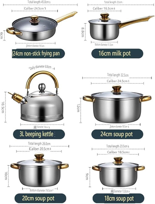12 Pieces of Stainless Steel Cookware Set 6 Kinds of Kitchen Pot Combination Frying Pan Soup Pot Milk Pot Kettle Set PotKettle B12 Pc-Kettle A-12 pc
