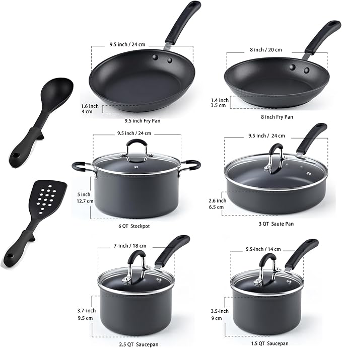Cook N Home Pots and Pans Set Nonstick Professional Hard Anodized Cookware Sets 12-Piece Dishwasher Safe with Stay-Cool Handles Black