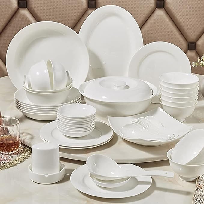 Dinnerware Sets - Luxury Gift Dishes Service Set Pure White Dinnerware Set Bone China Dishes and Dishes Set Ceramic Soup Bowl Dishwasher Microwave Safe for 10