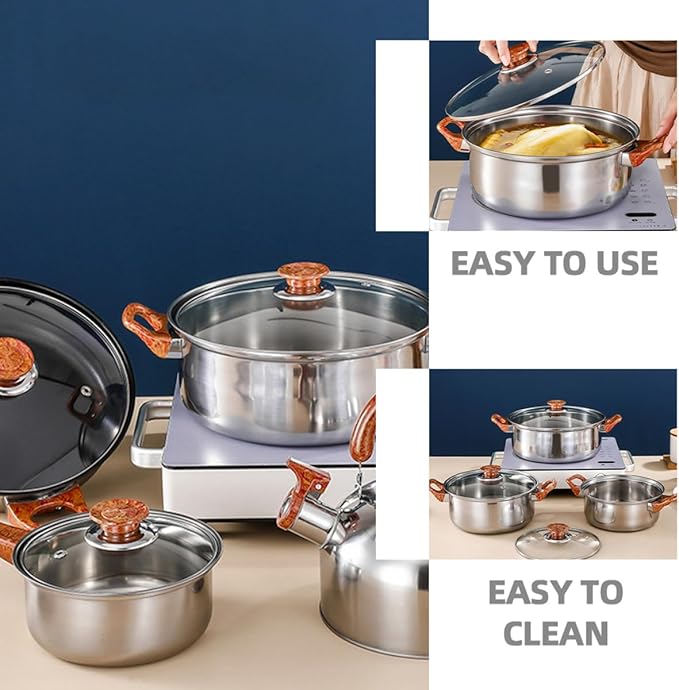 12-Piece Stainless Steel Cookware Set Flat Bottom Frying Pan Soup Pot Milk Pot and Kettle Dishwasher Safe Induction Compatible Thickened Design for Home Cooking