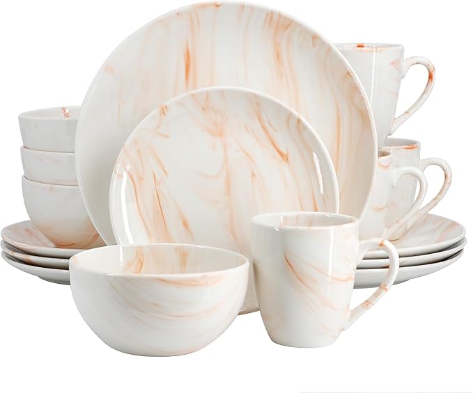 16 Piece Porcelain Marble Dinnerware Set in Red and Orange – Service for 4 Dishwasher &amp Microwave Safe (Orange)