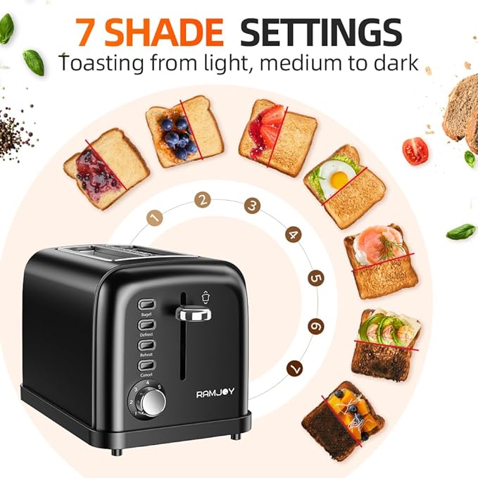 Black Toaster 2 Slice Extra Wide Slot Toaster for Bagels Bread Waffles 7 Shade Settings 4 Main Functions Removable Crumb Tray 900 Watts Toasters Black Stainless Steel