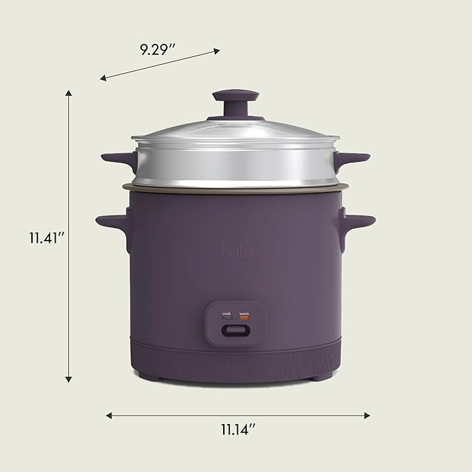 bella 16 Cup Rice Cooker with Steamer Dishwasher Safe Steaming Basket Rice Paddle and Measuring Cup Removable Nonstick Cooking Bowl Automatic Keep Warm Function 400 Watt Plum