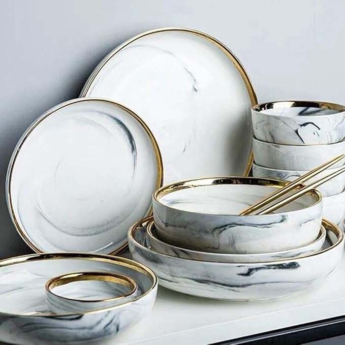 Ceramic Dinner Plates Set Dishes Marble Design Food Plate Dinnerware SetColor-1 Person Set