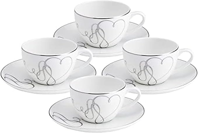 Mikasa Love Story Platinum Banded Teacup and Saucer Set Set of 4 9.6-Ounce
