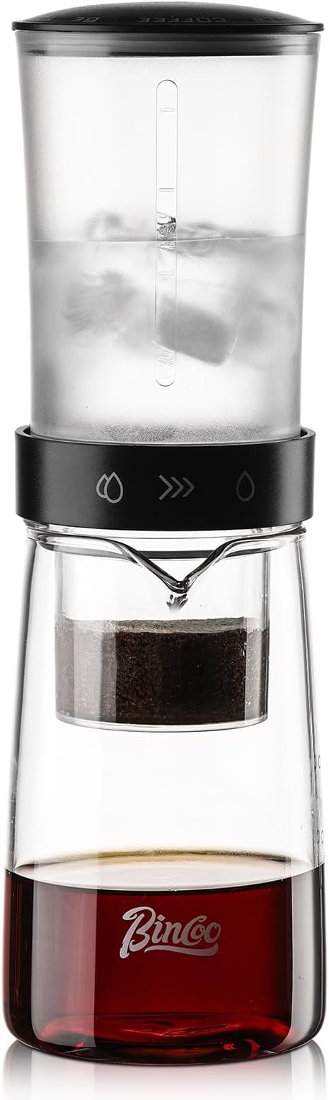 Bincoo Glass Ice Coffee Dripper with Adjustable Dripe Flow Control Cold Brew Coffee Maker - 450ML Precision Drip Brewer Tower for Smooth Low-Acidity Cold Brew Concentrate
