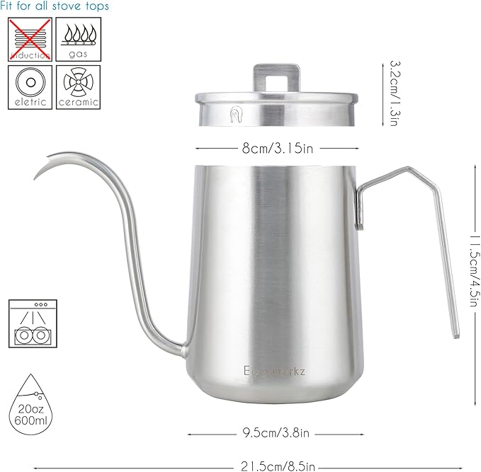 Easyworkz Gooseneck Pour Over Coffee Kettle 20 oz Stainless Steel Hand Drip Coffee Pot With Long Narrow Spout Brushed Silver
