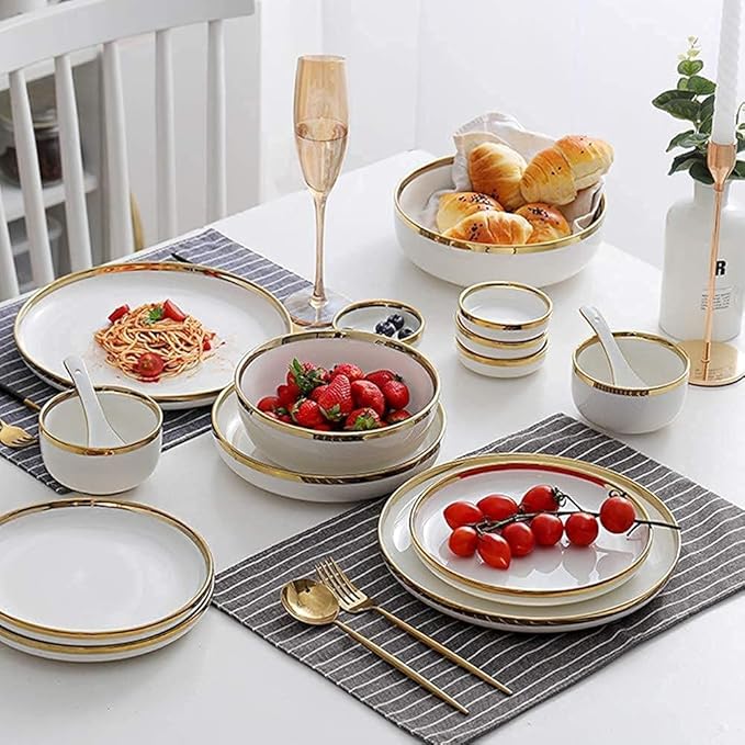 Dinnerware Sets - Luxury Gift Dishes Service Set Dinnerware Sets Service for 2/4/6 Kitchen Plates and Bowls Sets White Luxury Bone China Tableware Nordic Gold Porcelain Dish Set(26Pcs)