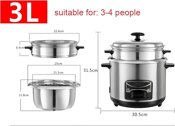Portable Rice Cooker with Stainless Steel Inner Pot Steamer &amp Warm Functions Ideal for 1-11 People 2-6L Capacity(3L)