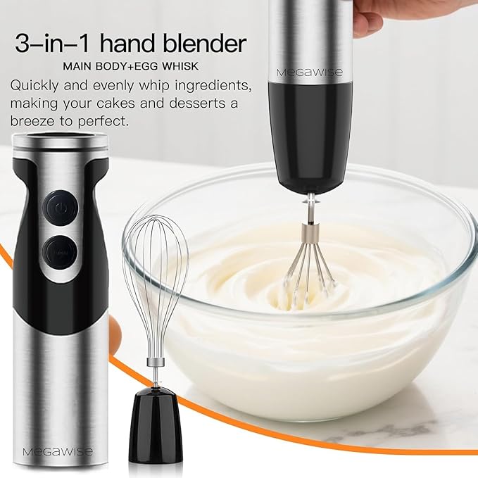 Megawise High-Power Hand Blender – 400W Max Power with Versatile 3-in-1 Attachments (Blending Shaft Whisk Chopper) Ergonomic Design with Adjustable Speed Control Easy to Clean and Maintain (Black)