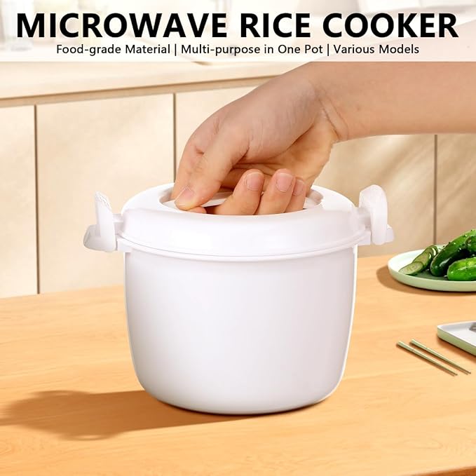 Microwave Rice Cooker Steamer Round Microwave Food Container for Vegetables Safe as Mixing and Serving Bowls Micro Rice Pasta Cooker - Dishwasher Safe | 1.8 Liter/7.5 Cup