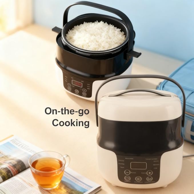 Mini Rice Cooker Electric 2L Nonstick Pot 7 Stage Heat Control 12V 24V for Car Use - Slow Cooking Technology Safe Operation Ideal for Travel and Camping