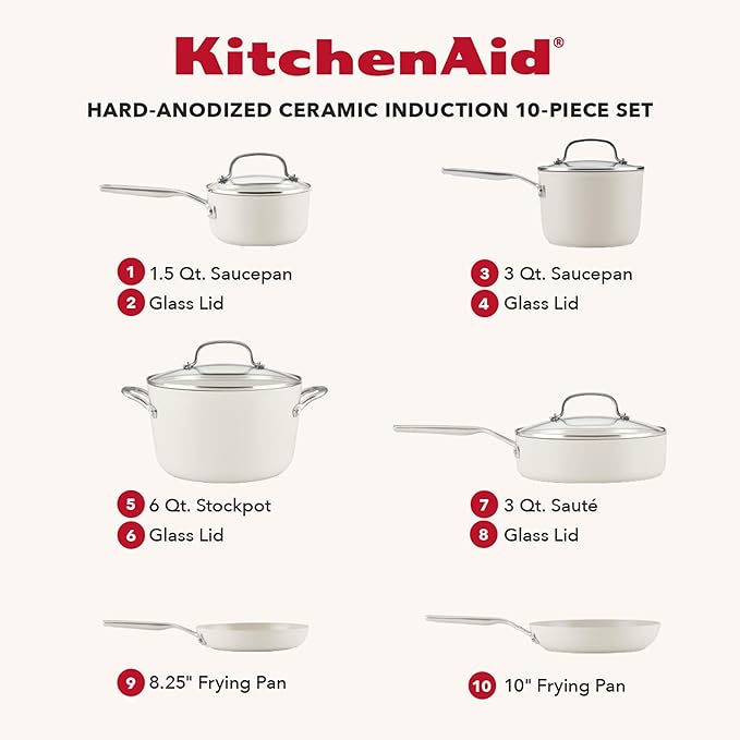 KitchenAid Hard Anodized Ceramic Induction Pots and Pans Dishwasher Safe Includes Saucepans Stockpot Sauté Pan Frying Pans/Skillets and Lids 10 Piece Cookware Set - Porcelain White