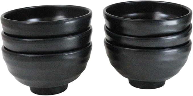 Ebros Gift Contemporary Ridged Matte Black Melamine Series Dinnerware Serveware Kitchenware Set Japanese Chinese Restaurant Supply (Pack Of 6 Small Round Soup Appetizer Rice Bowls 10oz)