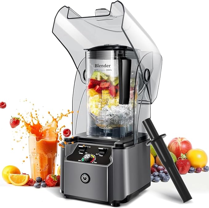 Professional Commercial Blender With Shield Quiet Sound Enclosure 2200W Industries Strong and Quiet Professional-Grade Power Self-CleaningGrey