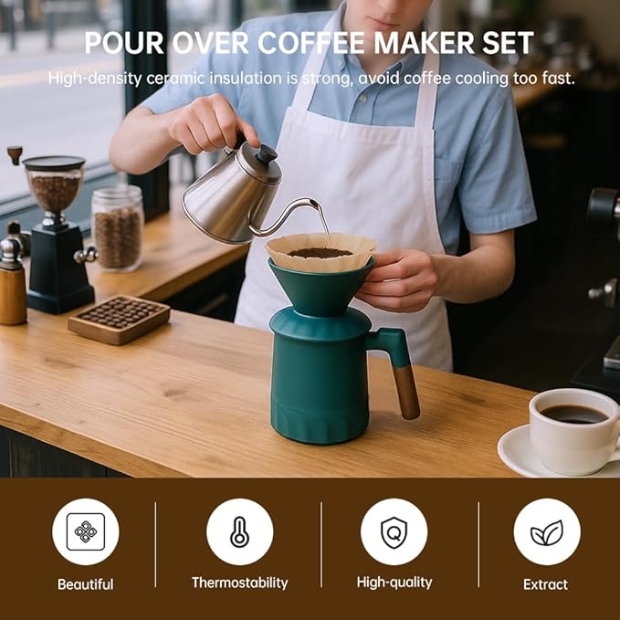 Pour Over Coffee Maker Set Ceramic Pour Over Coffee Dripper 15.5oz/450 ml with 25 Pcs V60 Paper Filter Coffee Pour Over Set for Camping Green
