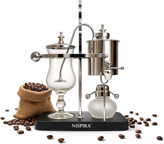 Nispira Belgian Balance Syphon Vacuum Coffee Maker 500 ml Vintage Gravity Brewing System Silver Finish Manual Tabletop Coffee Brewer