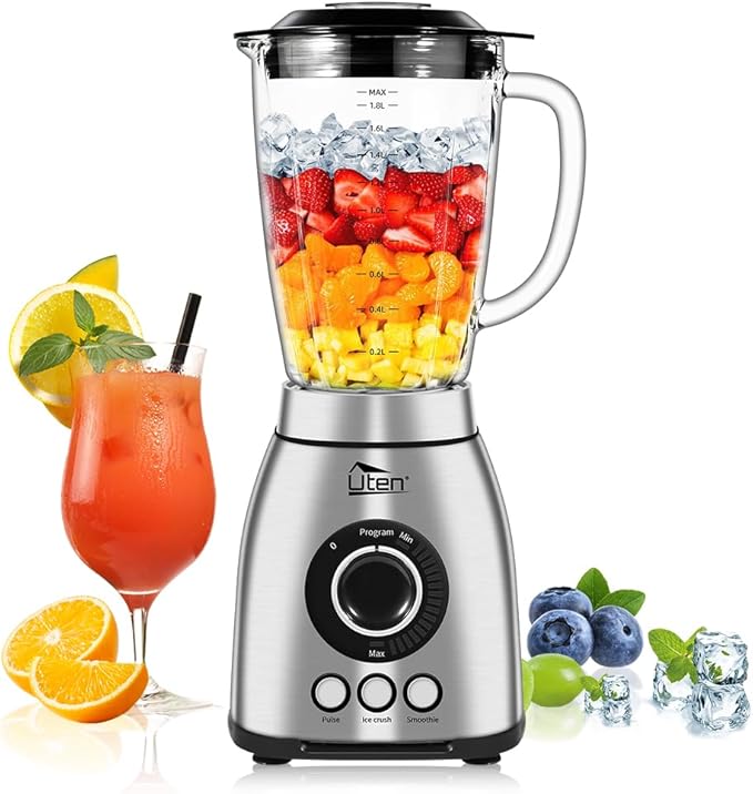 Uten 800 Watt Fast Countertop Blender for Smoothies and Shakes Ground Coffee Beans 60 Oz Glass Jar 18 Speed Levels 3 Programs Ice Crush Smoothie Pulse