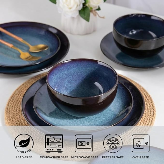LERATIO Ceramic Dinnerware Sets for 8Stoneware Plates and Bowls SetsHandmade Reactive Glaze Dishes SetChip Resistant and Scratch Resistant | Oven&ampDishwasher &amp Microwave Safe-Blue(24PCS)