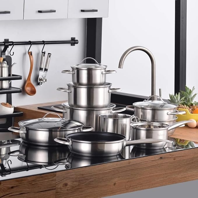 Cooking Pot Frying PanCookware Set Stainless Steel 14-Piece Pan Set Saucepan Non Stick Fry Pan with Glass Lid Vision
