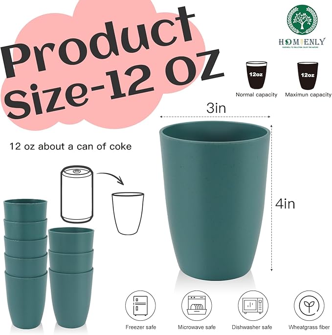 Homienly 24 PCS Wheat Straw Dinnerware Set of 8 Dessert Plates Set of 8-10 inch Cereal Bowl Set 12OZ Dishwasher Safe Cups (Green)