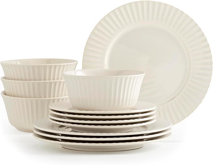 Tabletops Gallery Richmond 12-Piece Reactive Glaze Stoneware Dinnerware Set of Kitchen Dishes Dinner Plates Cereal Bowls Service for 4 White