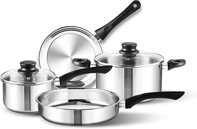 6-Piece Stainless Steel Cookware Set with Glass Lids Stay-Cool Handles | Fry Pan Saucepan Sauce Pots | Compatible with Induction Electric Gas Stovetops | PFOA-Free Dishwasher Safe