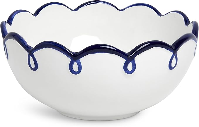 Sango 12-Piece Earthenware Dinnerware Set for 4 Glossy White Plates and Bowls Sets with Navy Scalloped Rims Premium Dish Set Dishes for Hosting Parties Birthday &amp Wedding Gifts Splash of Chee