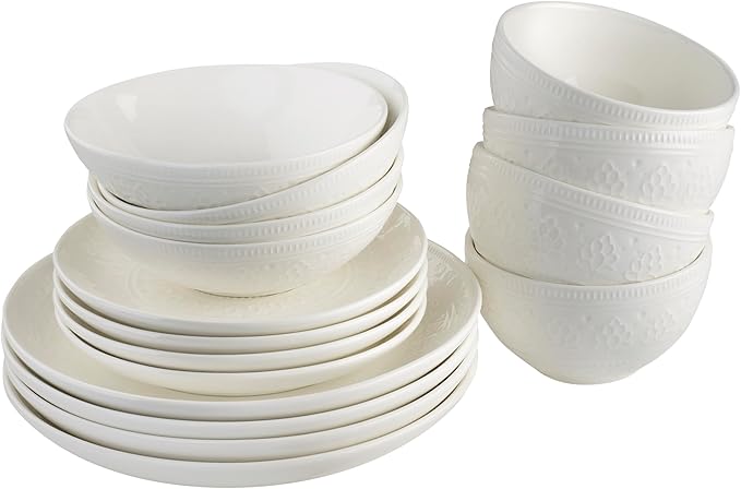 Euro Ceramica Fez Collection Stoneware Durable White 16-Piece Double Bowl Dinnerware Set Teardrop Mandala design Service for 4 with two sizes bowls assorted