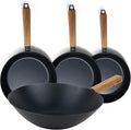 Alva Forest 4-Piece Carbon Steel Frying Pan &amp Wok Set Naturally Nonstick Pre-Seasoned Acacia Wood Handle Toxic Free (No PTFE/PFOA) Induction &amp All-Stovetop Safe (8 9.5 11 Frying Pan