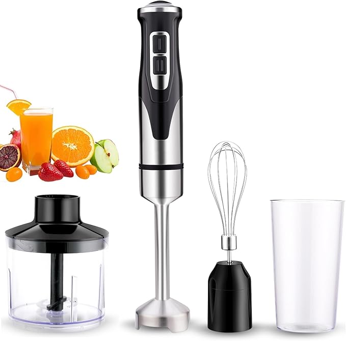 Powerful Hand Blender Handheld Immersion Blender Kit with Immersion Chopper Beaker and Whisk Precise Speed Control and 304 Stainless Steel Bar for Making Purees Soups Smoothies