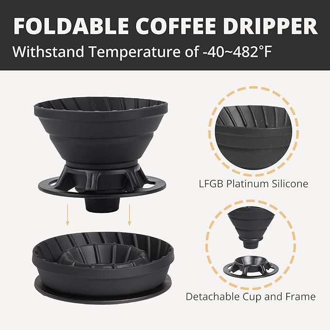 Portable Pour Over Coffee Maker Set Collapsible Silicone Coffee Dripper Set Perfect for Travel Camping Home (BLACK CUP 2CUP)
