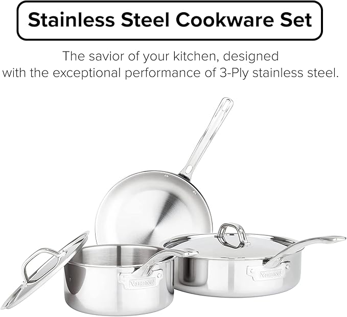 Viking Culinary 3-Ply Stainless Steel Cookware Set with Metal Lids 5 Piece Dishwasher Oven Safe Works on All Cooktops including Induction